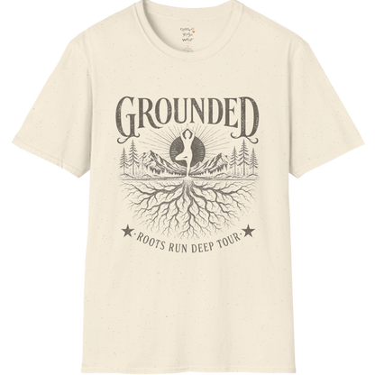 Natural Grounded T-Shirt with mountain roots yoga graphic in soft earthy mindful styling.