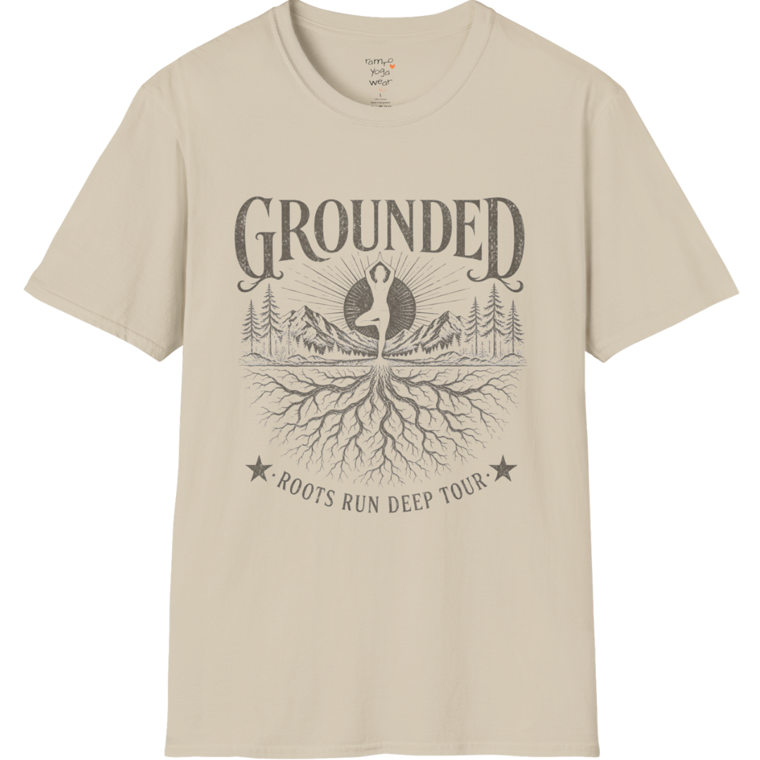 Sand Grounded T-Shirt featuring rooted landscape artwork with calm grounded energy.