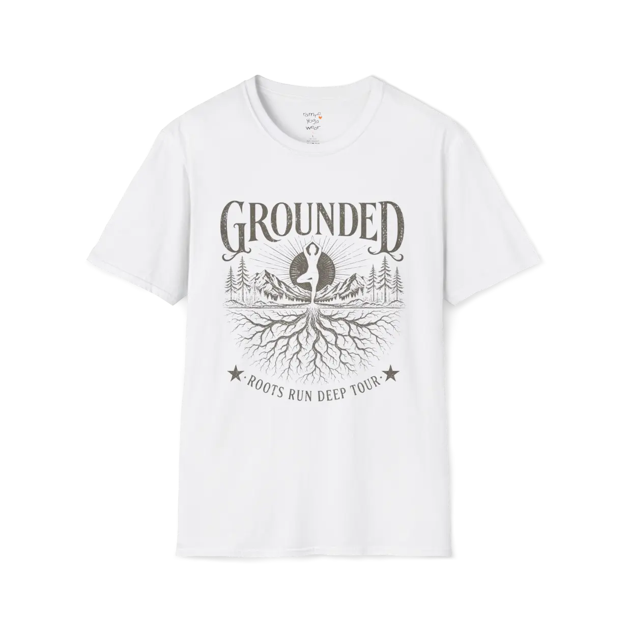 White Grounded T-Shirt with vintage yoga roots design in clean spiritual graphic style.