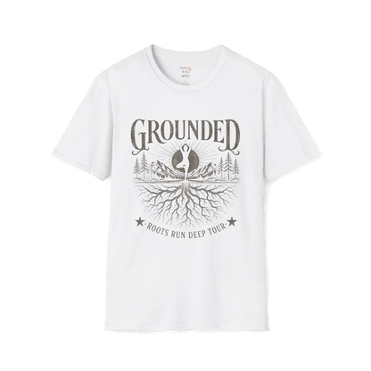 White Grounded T-Shirt with vintage yoga roots design in clean spiritual graphic style.