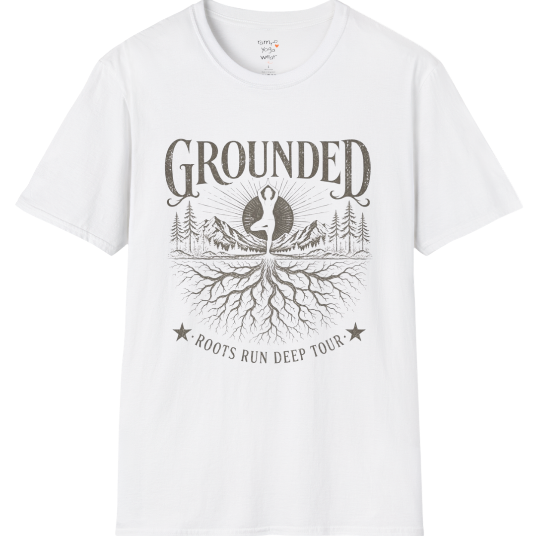 White Grounded T-Shirt with vintage yoga roots design in clean spiritual graphic style.