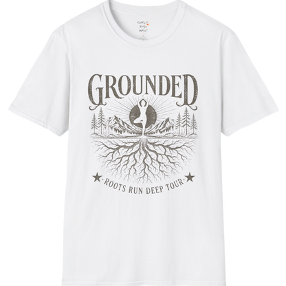 White Grounded T-Shirt with vintage yoga roots design in clean spiritual graphic style.