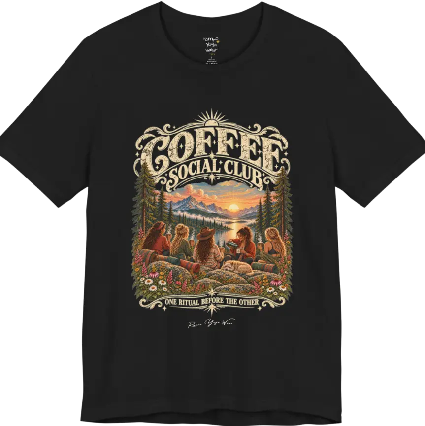 A short sleeved tee called the Grounds T-Shirt, flat lay and a Bella+Canvas 3001 shirt. Simply says, Coffee Social Club, One Ritual Before The Other. Design highlights a group of friends sharing coffee on a rocky mountain outcrop at sunrise, with rolled yoga mats, wildflowers, pine trees and a sleeping dog. Color is Black.