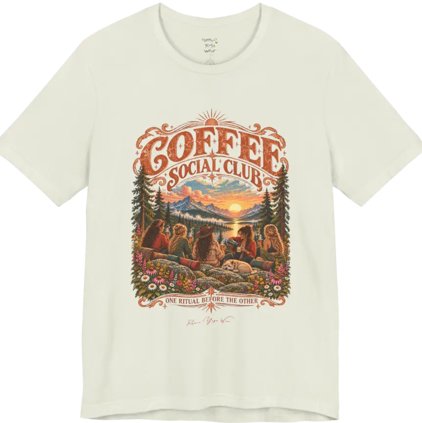 A short sleeved tee called the Grounds T-Shirt, flat lay and a Bella+Canvas 3001 shirt. Simply says, Coffee Social Club, One Ritual Before The Other. Design highlights a group of friends sharing coffee on a rocky mountain outcrop at sunrise, with rolled yoga mats, wildflowers, pine trees and a sleeping dog. Color is Citron.