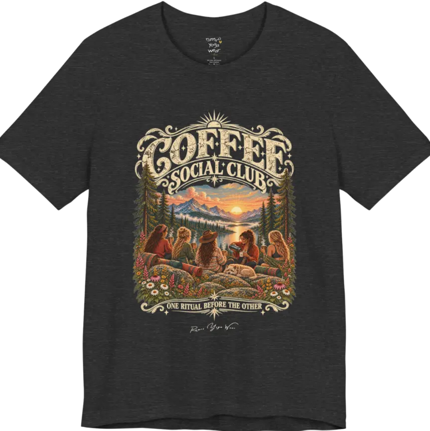 A short sleeved tee called the Grounds T-Shirt, flat lay and a Bella+Canvas 3001 shirt. Simply says, Coffee Social Club, One Ritual Before The Other. Design highlights a group of friends sharing coffee on a rocky mountain outcrop at sunrise, with rolled yoga mats, wildflowers, pine trees and a sleeping dog. Color is Dark Grey Heather.