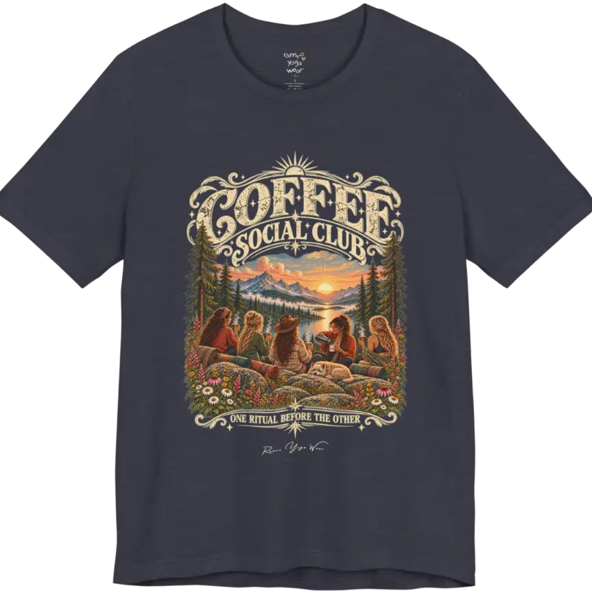 A short sleeved tee called the Grounds T-Shirt, flat lay and a Bella+Canvas 3001 shirt. Simply says, Coffee Social Club, One Ritual Before The Other. Design highlights a group of friends sharing coffee on a rocky mountain outcrop at sunrise, with rolled yoga mats, wildflowers, pine trees and a sleeping dog. Color Heather Midnight Navy.