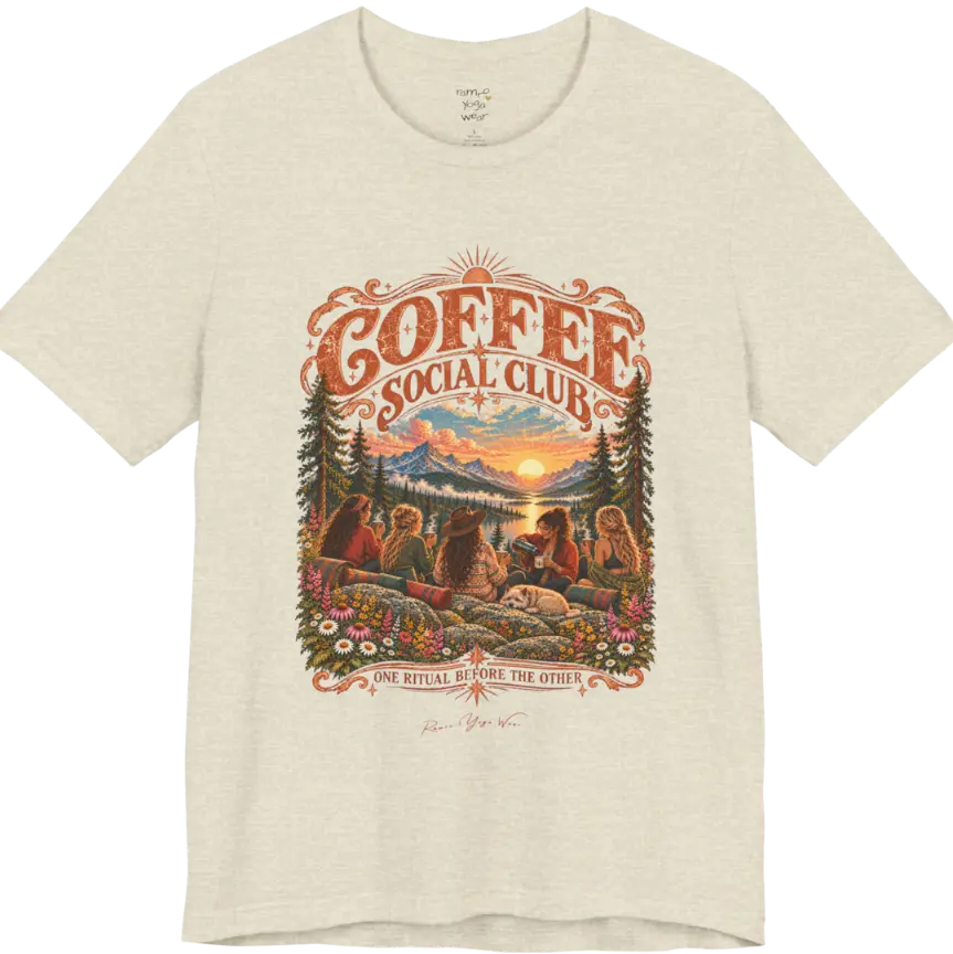 A short sleeved tee called the Grounds T-Shirt, flat lay and a Bella+Canvas 3001 shirt. Simply says, Coffee Social Club, One Ritual Before The Other. Design highlights a group of friends sharing coffee on a rocky mountain outcrop at sunrise, with rolled yoga mats, wildflowers, pine trees and a sleeping dog. Color Heather Prism Natural.