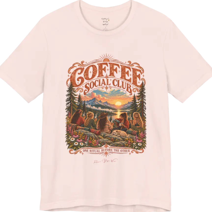 A short sleeved tee called the Grounds T-Shirt, flat lay and a Bella+Canvas 3001 shirt. Simply says, Coffee Social Club, One Ritual Before The Other. Design highlights a group of friends sharing coffee on a rocky mountain outcrop at sunrise, with rolled yoga mats, wildflowers, pine trees and a sleeping dog. Color is Soft Pink.
