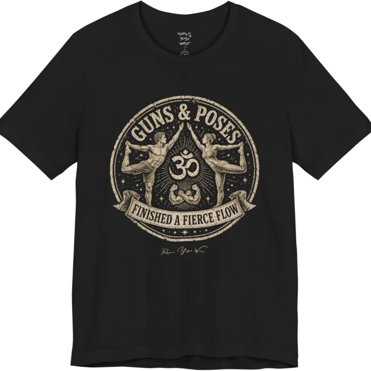 A short sleeved teed with a circular badge mirroring Dancer's Pose figures and Om symbol — Funny Yoga Shirts collection by Ramro Yoga Wear in Black