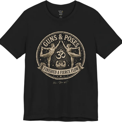 A short sleeved teed with a circular badge mirroring Dancer's Pose figures and Om symbol — Funny Yoga Shirts collection by Ramro Yoga Wear in Black