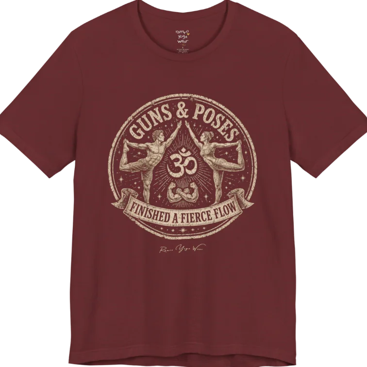 A short sleeved teed with a circular badge mirroring Dancer's Pose figures and Om symbol — Funny Yoga Shirts collection by Ramro Yoga Wear in Heather Cardinal