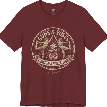 A short sleeved teed with a circular badge mirroring Dancer's Pose figures and Om symbol — Funny Yoga Shirts collection by Ramro Yoga Wear in Heather Cardinal