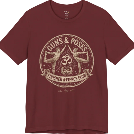 A short sleeved teed with a circular badge mirroring Dancer's Pose figures and Om symbol — Funny Yoga Shirts collection by Ramro Yoga Wear in Heather Cardinal