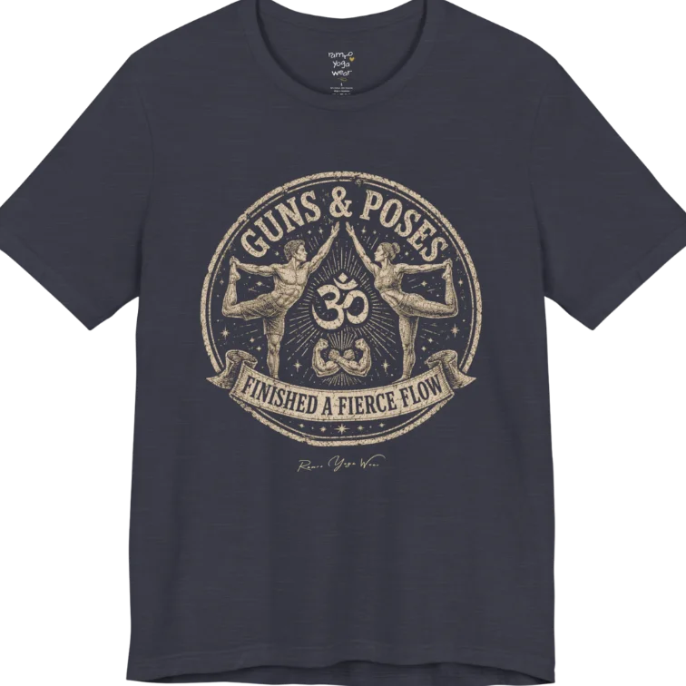 A short sleeved teed with a circular badge mirroring Dancer's Pose figures and Om symbol — Funny Yoga Shirts collection by Ramro Yoga Wear in Heather Midnight Navy