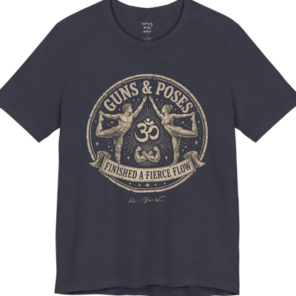 A short sleeved teed with a circular badge mirroring Dancer's Pose figures and Om symbol — Funny Yoga Shirts collection by Ramro Yoga Wear in Heather Midnight Navy