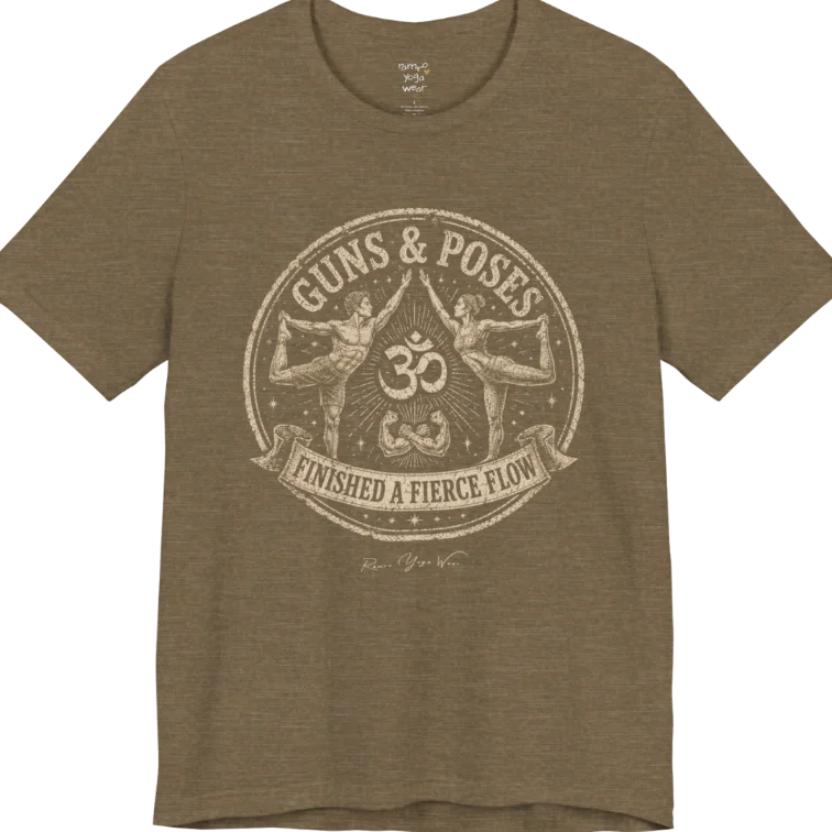 A short sleeved teed with a circular badge mirroring Dancer's Pose figures and Om symbol — Funny Yoga Shirts collection by Ramro Yoga Wear in Heather Olive