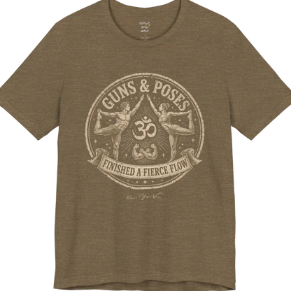 A short sleeved teed with a circular badge mirroring Dancer's Pose figures and Om symbol — Funny Yoga Shirts collection by Ramro Yoga Wear in Heather Olive