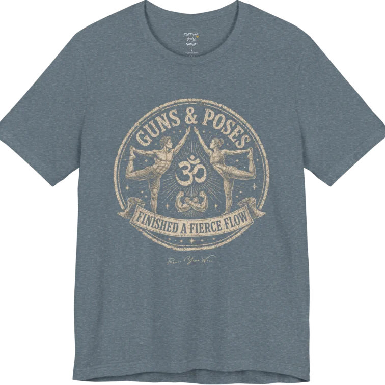 A short sleeved teed with a circular badge mirroring Dancer's Pose figures and Om symbol — Funny Yoga Shirts collection by Ramro Yoga Wear in Heather Slate