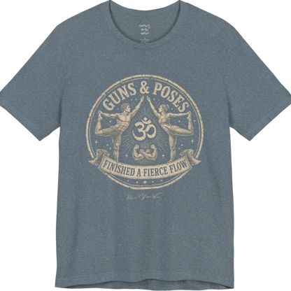 A short sleeved teed with a circular badge mirroring Dancer's Pose figures and Om symbol — Funny Yoga Shirts collection by Ramro Yoga Wear in Heather Slate