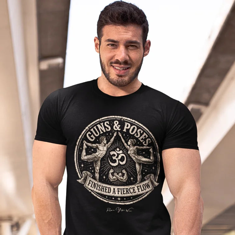 Person wearing Guns Poses tee in black sacred yoga shirt outdoors  — Funny Yoga Shirts collection by Ramro Yoga Wear