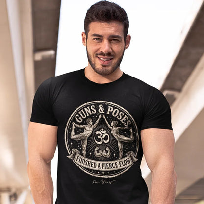 Person wearing Guns Poses tee in black sacred yoga shirt outdoors  — Funny Yoga Shirts collection by Ramro Yoga Wear
