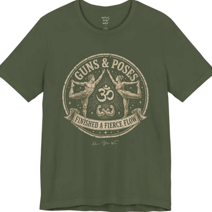 A short sleeved teed with a circular badge mirroring Dancer's Pose figures and Om symbol — Funny Yoga Shirts collection by Ramro Yoga Wear in Military Green