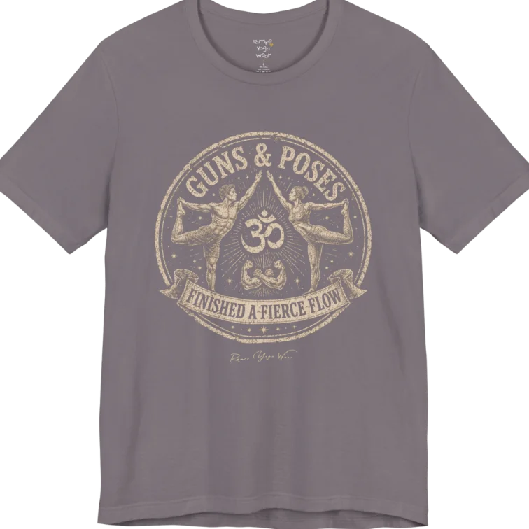 A short sleeved teed with a circular badge mirroring Dancer's Pose figures and Om symbol — Funny Yoga Shirts collection by Ramro Yoga Wear in Storm