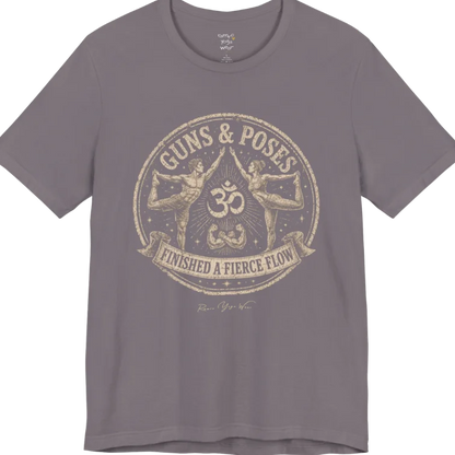 A short sleeved teed with a circular badge mirroring Dancer's Pose figures and Om symbol — Funny Yoga Shirts collection by Ramro Yoga Wear in Storm