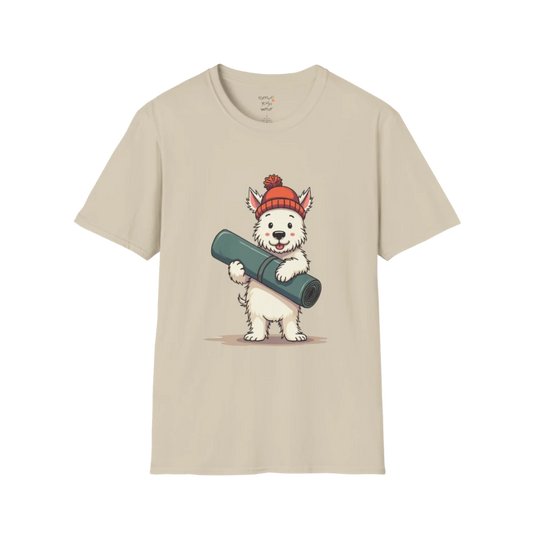 Hamish T-Shirt in Sand featuring cute dog carrying yoga mat.