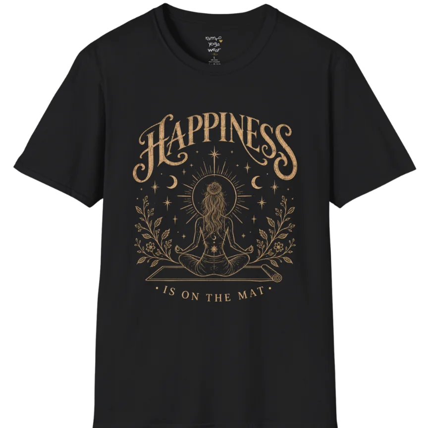 A short sleeved tee called the Happiness T-Shirt, flat lay and a soft cotton shirt. Simply says, Happiness is on the mat. Design highlights ornate warm gold HAPPINESS lettering above a figure meditating cross-legged on a yoga mat, seen from behind beneath a thin sun halo, with crescent moons, stars and botanical sprigs. Color is Black.