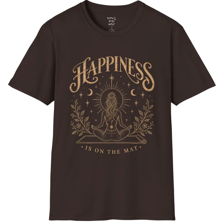 A short sleeved tee called the Happiness T-Shirt, flat lay and a soft cotton shirt. Simply says, Happiness is on the mat. Design highlights ornate warm gold HAPPINESS lettering above a figure meditating cross-legged on a yoga mat, seen from behind beneath a thin sun halo, with crescent moons, stars and botanical sprigs. Color is Dark Chocolate.