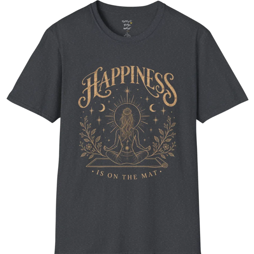 A short sleeved tee called the Happiness T-Shirt, flat lay and a soft cotton shirt. Simply says, Happiness is on the mat. Design highlights ornate warm gold HAPPINESS lettering above a figure meditating cross-legged on a yoga mat, seen from behind beneath a thin sun halo, with crescent moons, stars and botanical sprigs. Color is Dark Heather Grey.
