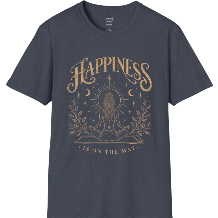A short sleeved tee called the Happiness T-Shirt, flat lay and a soft cotton shirt. Simply says, Happiness is on the mat. Design highlights ornate warm gold HAPPINESS lettering above a figure meditating cross-legged on a yoga mat, seen from behind beneath a thin sun halo, with crescent moons, stars and botanical sprigs. Color is Heather Navy.