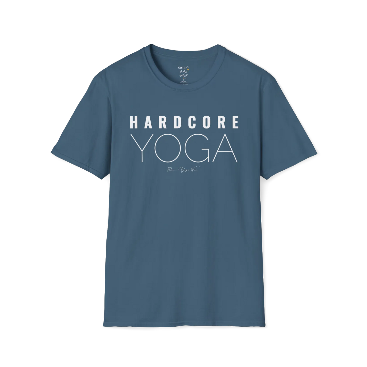 "Hardcore Yoga" stacked block text design — The Vault collection by Ramro Yoga Wear, Indigo Blue.