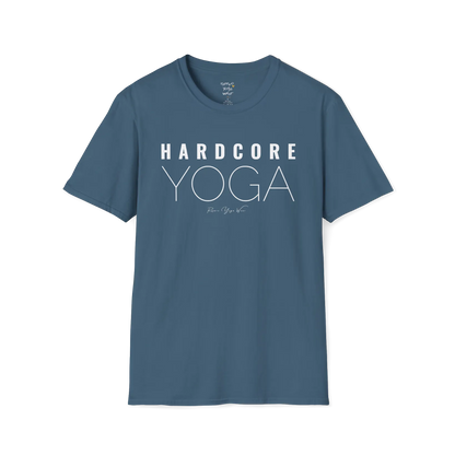 "Hardcore Yoga" stacked block text design — The Vault collection by Ramro Yoga Wear, Indigo Blue.