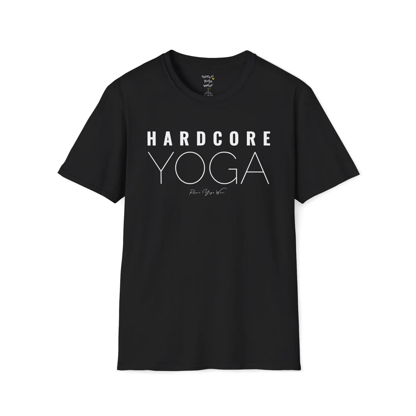 "Hardcore Yoga" stacked block text design — The Vault collection by Ramro Yoga Wear, Black.