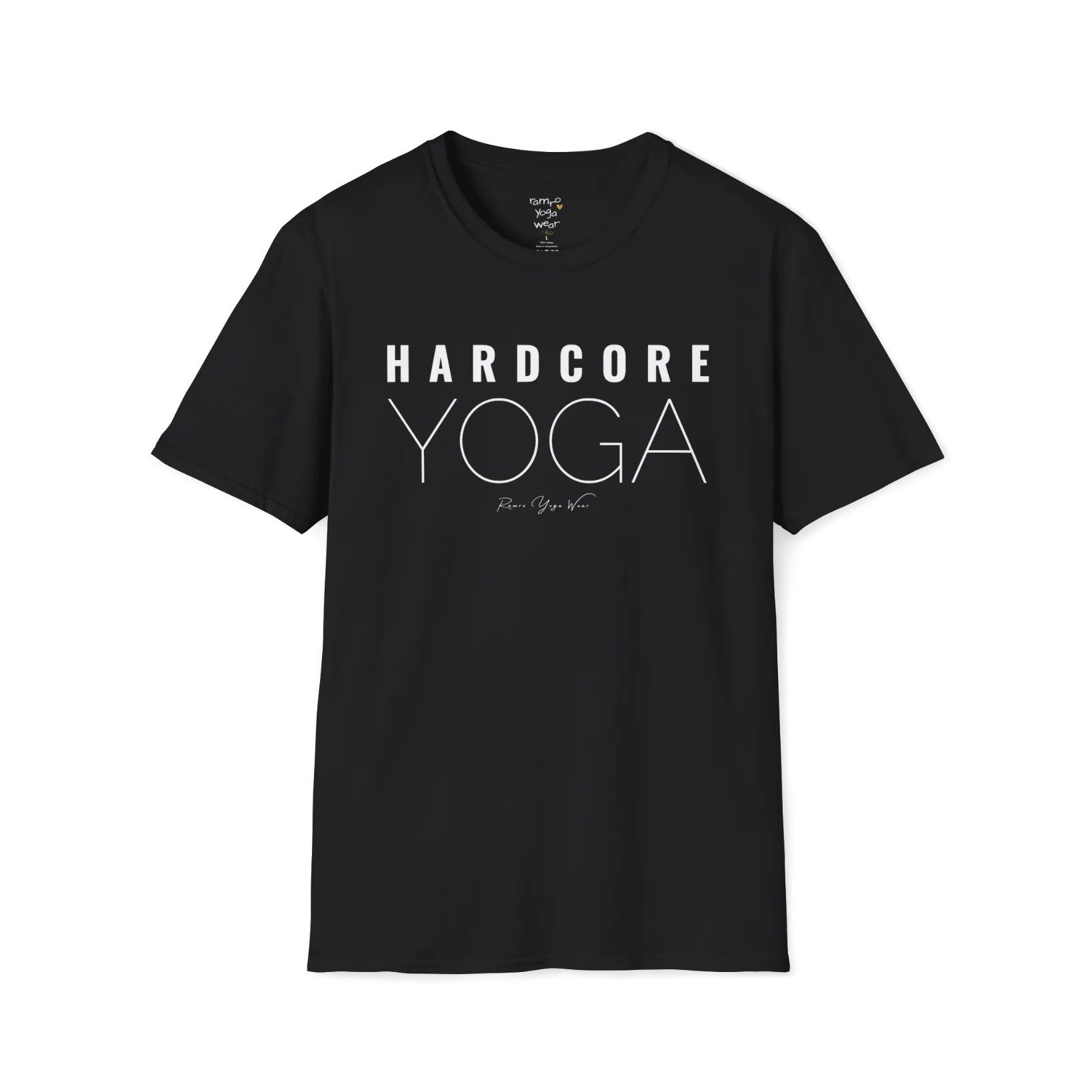"Hardcore Yoga" stacked block text design — The Vault collection by Ramro Yoga Wear, Black.