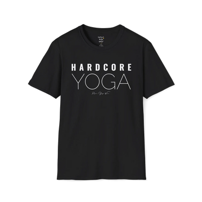 "Hardcore Yoga" stacked block text design — The Vault collection by Ramro Yoga Wear, Black.