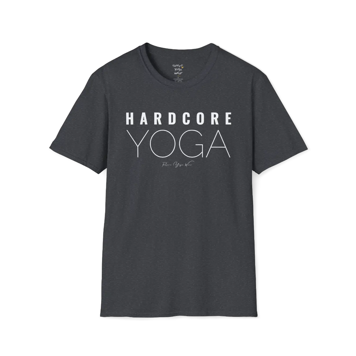 "Hardcore Yoga" stacked block text design — The Vault collection by Ramro Yoga Wear, Dark Heather Grey.