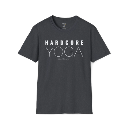 "Hardcore Yoga" stacked block text design — The Vault collection by Ramro Yoga Wear, Dark Heather Grey.