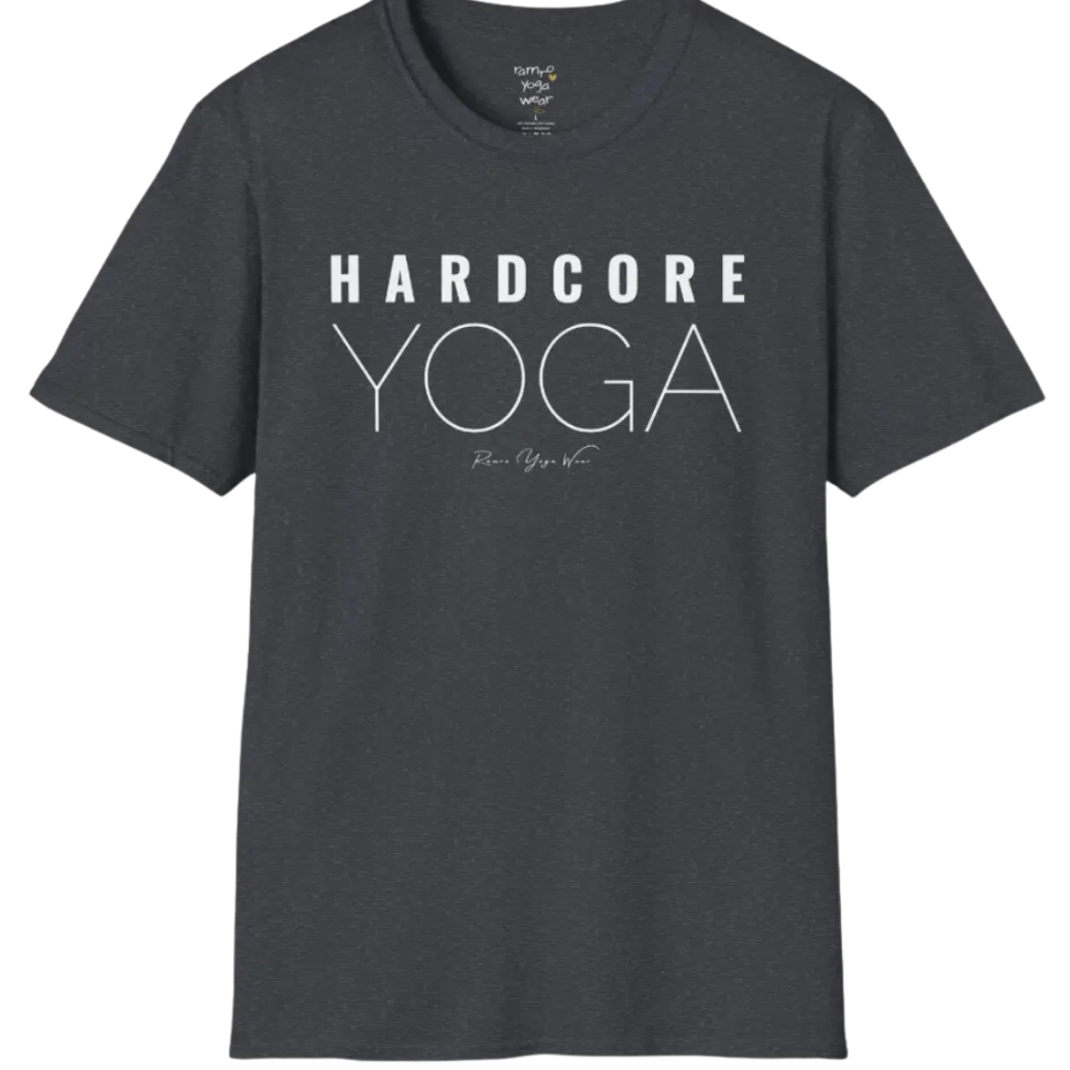 "Hardcore Yoga" stacked block text design — The Vault collection by Ramro Yoga Wear, Dark Heather Grey