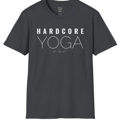 "Hardcore Yoga" stacked block text design — The Vault collection by Ramro Yoga Wear, Dark Heather Grey