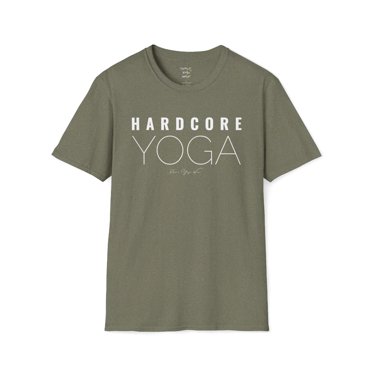 "Hardcore Yoga" stacked block text design — The Vault collection by Ramro Yoga Wear, Heather Military Green.