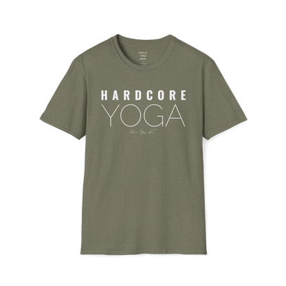 "Hardcore Yoga" stacked block text design — The Vault collection by Ramro Yoga Wear, Heather Military Green.