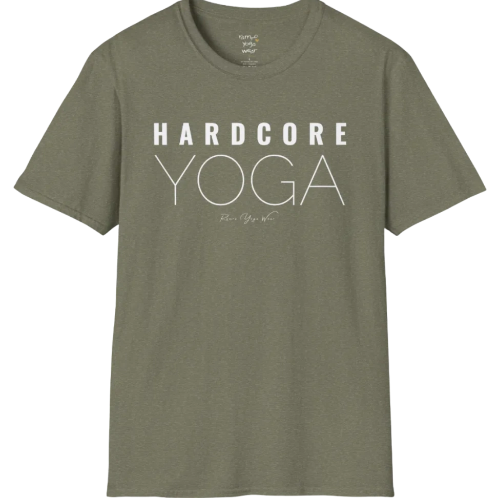 "Hardcore Yoga" stacked block text design — The Vault collection by Ramro Yoga Wear, Heather Military Green