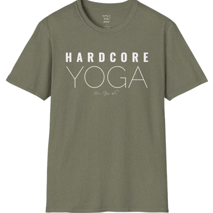 "Hardcore Yoga" stacked block text design — The Vault collection by Ramro Yoga Wear, Heather Military Green