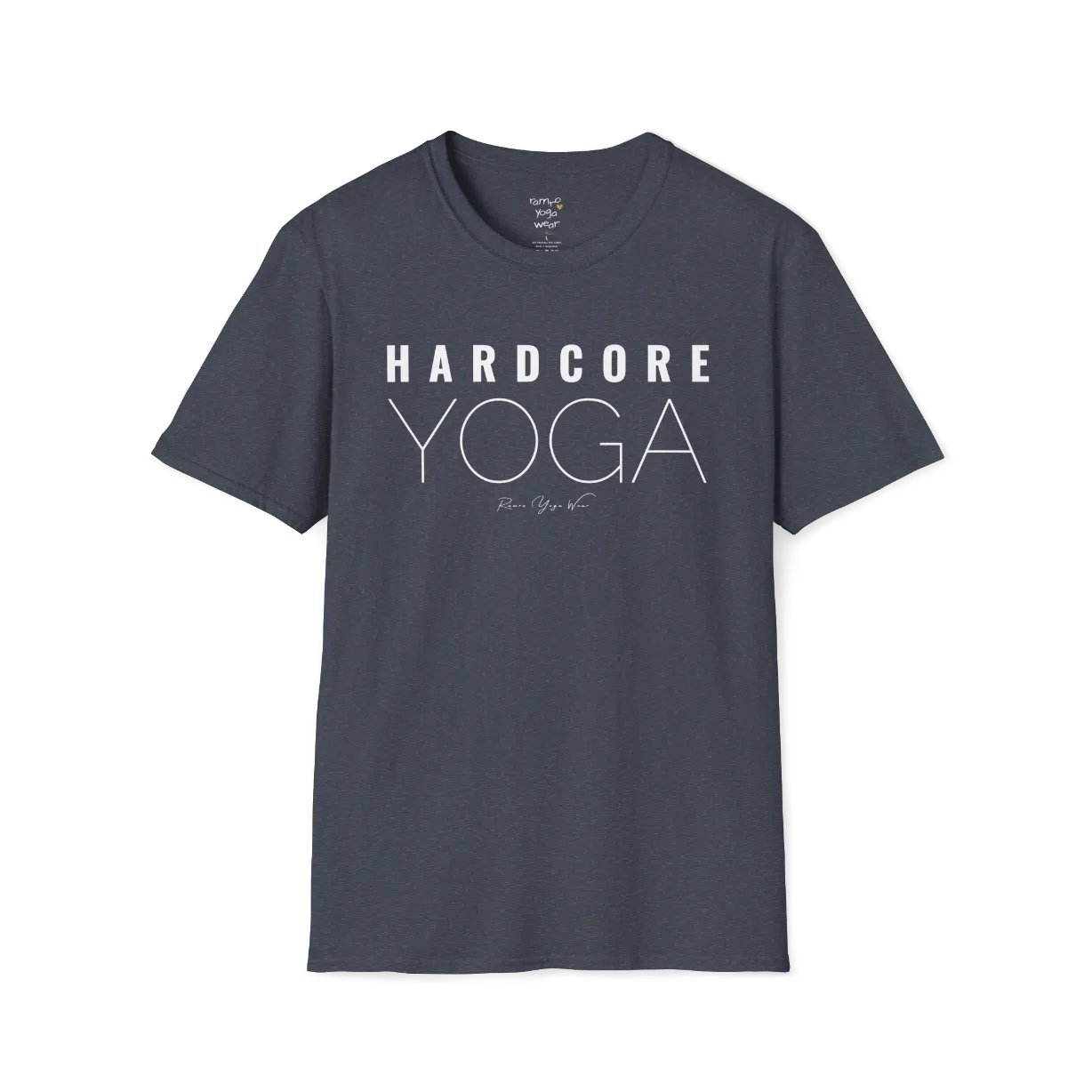"Hardcore Yoga" stacked block text design — The Vault collection by Ramro Yoga Wear, Heather Navy.