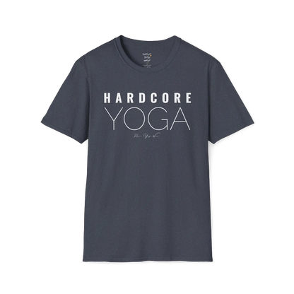 "Hardcore Yoga" stacked block text design — The Vault collection by Ramro Yoga Wear, Heather Navy.