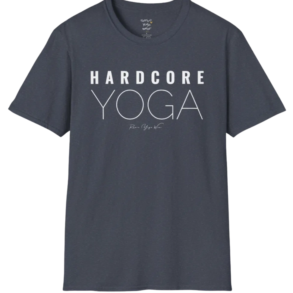 "Hardcore Yoga" stacked block text design — The Vault collection by Ramro Yoga Wear, Heather Navy