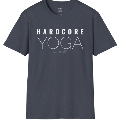 "Hardcore Yoga" stacked block text design — The Vault collection by Ramro Yoga Wear, Heather Navy